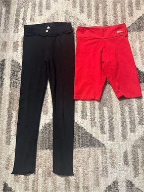 Zara Black Ribbed Leggings and Red Bike Shorts Set